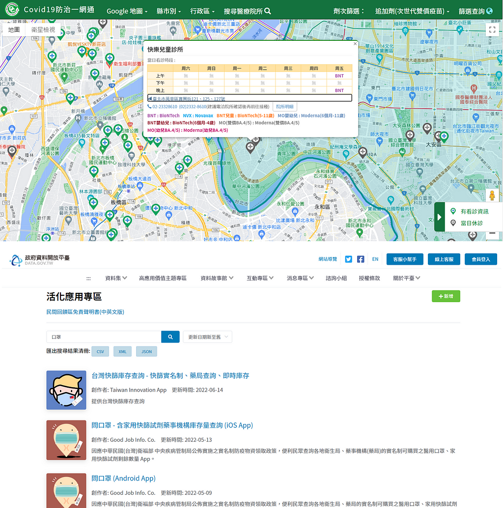 截圖分為上下兩半，上半部是疾管署建置的疫苗地圖，可以查詢能夠接種疫苗的醫療院所。下半部則是政府資料開放平臺中的，資料活化應用專區，列出使用藥局口罩庫存資料，所製作出的各種地圖或查詢介面應用。（資料來源：疾病管制署、政府資料開放平臺）