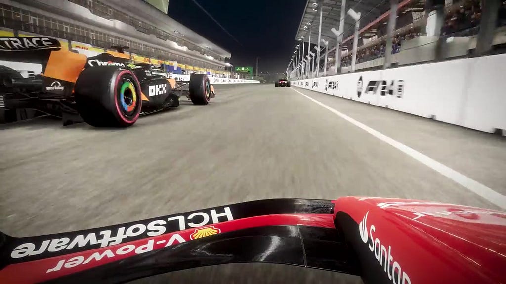 A car overtaking another in a competitive F1 24 race.
