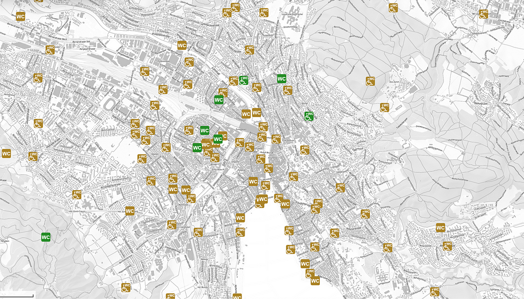 Map of the public toilet system in Zurich.