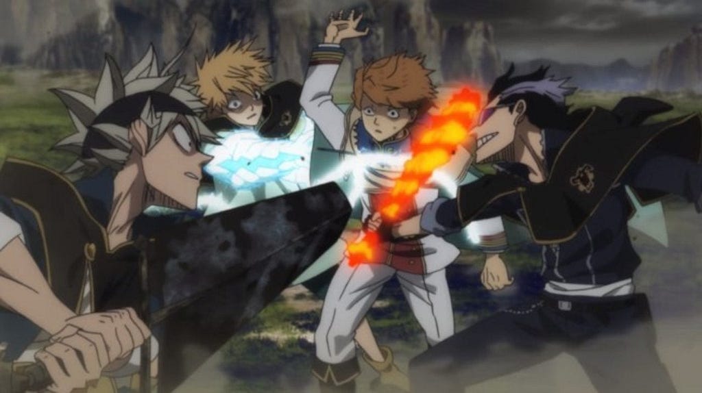 Asta, Luck, and Magna protect their squadmate, Finral, from his brother Langris.