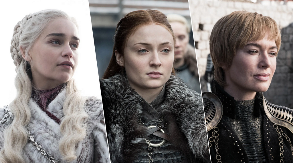 A triptych of screen-grabs of Daenerys, Sansa, and Cersei from the final season of Game of Thrones