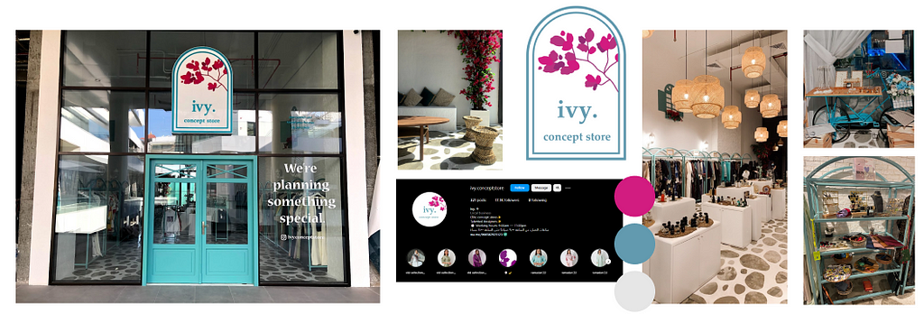 Mood board of Ivy concept store containing various picture of the store as well as their logo and Instagram account