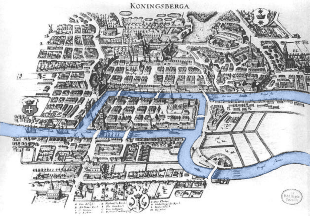 A map of the city with its river splitting into two with an island in the middle