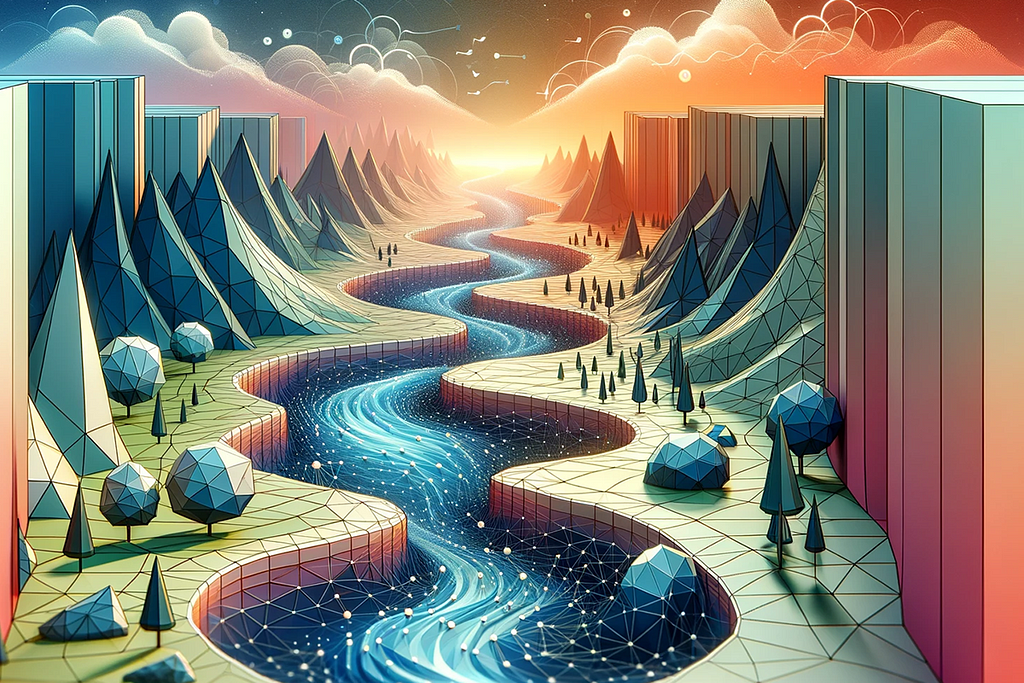 “river” by DALL-E and me, Brett :: An image visualizing the concept of guiding principles in project development. It features a stylized river flowing through a digital landscape, with abstract representations of banks guiding its path. This scene symbolizes the guiding principles akin to the shaping force of the river and its guiding limits in technology projects.
