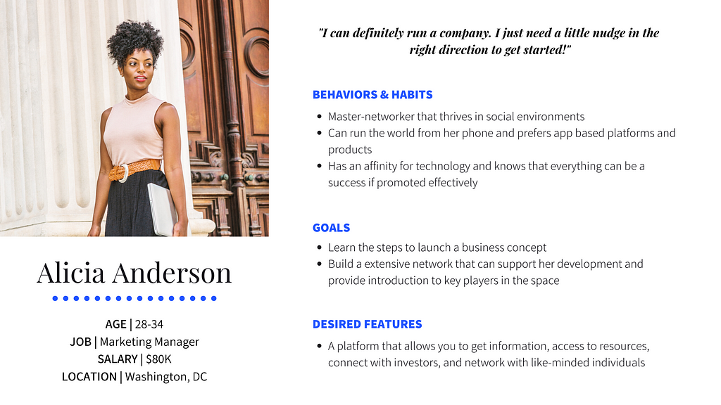 Proto Persona: Alicia Anderson is aged 28–35 and a prospective entrepreneur.