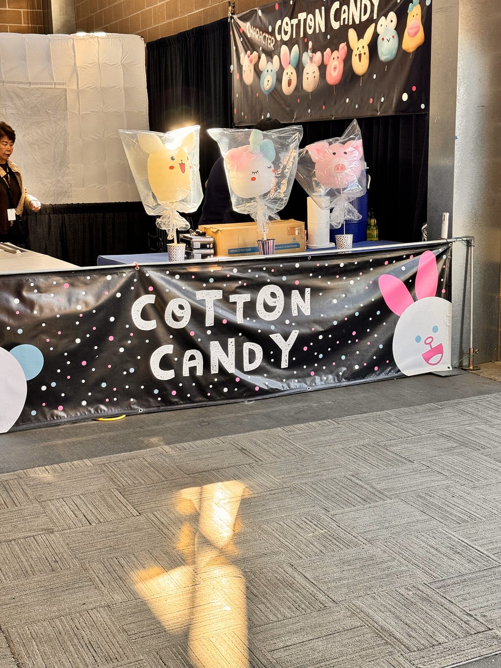 cotton candy shaped like Pikachu, a unicorn, and a pig