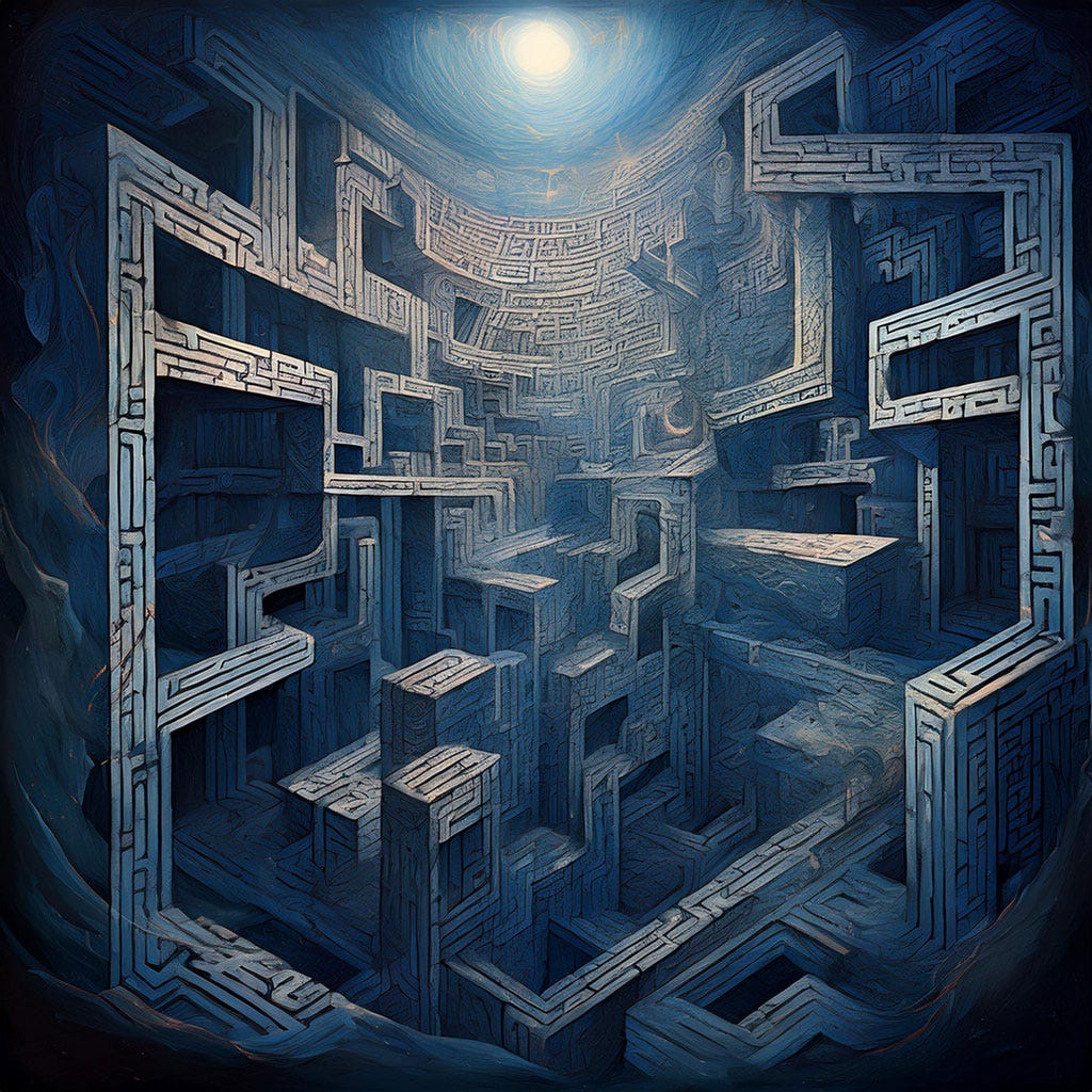 The image depicts an abstract, intricate maze with a labyrinthine structure. The maze is composed of geometric patterns and pathways, rendered in shades of blue and gray. A bright light source shines from above, casting shadows and creating a sense of depth and complexity. The overall atmosphere is mysterious and thought-provoking, evoking themes of exploration and introspection.