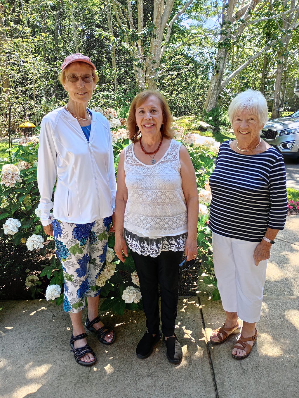 Linda Shwartz, Judith Valente and Normal Olivier stand in front of a bush of white hydrangeas in South Dartmouth, MA.