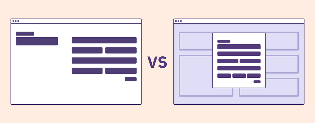 A side-by-side wireframe of a form as a standalone page versus as a modal on top of a page.