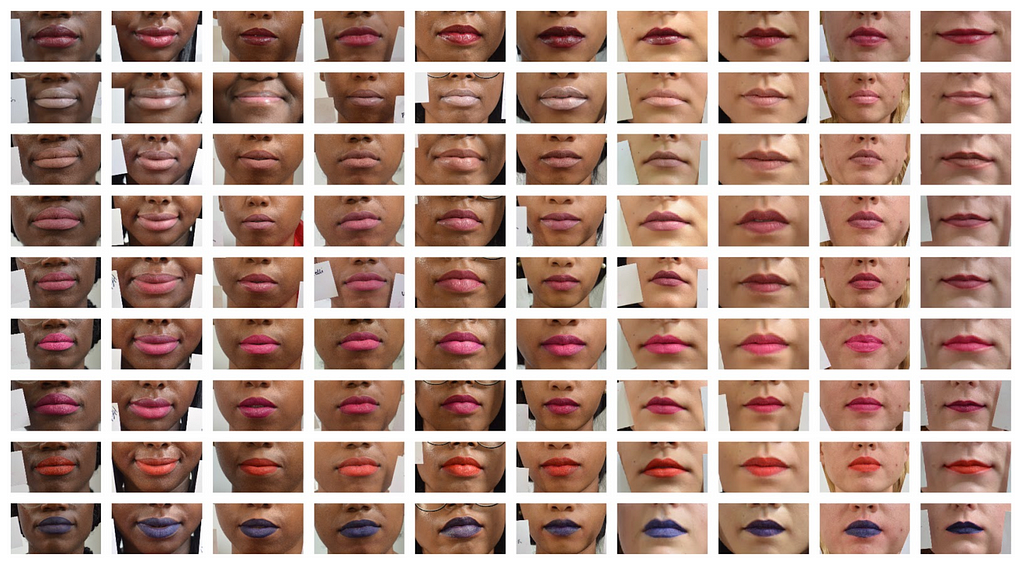 A collage of our database of different shades of lipstick on different skin tones.