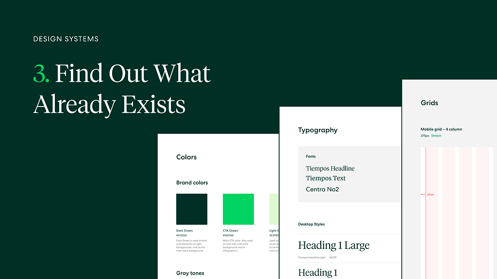 Images of color schemes, typography and grids from Monio Design System