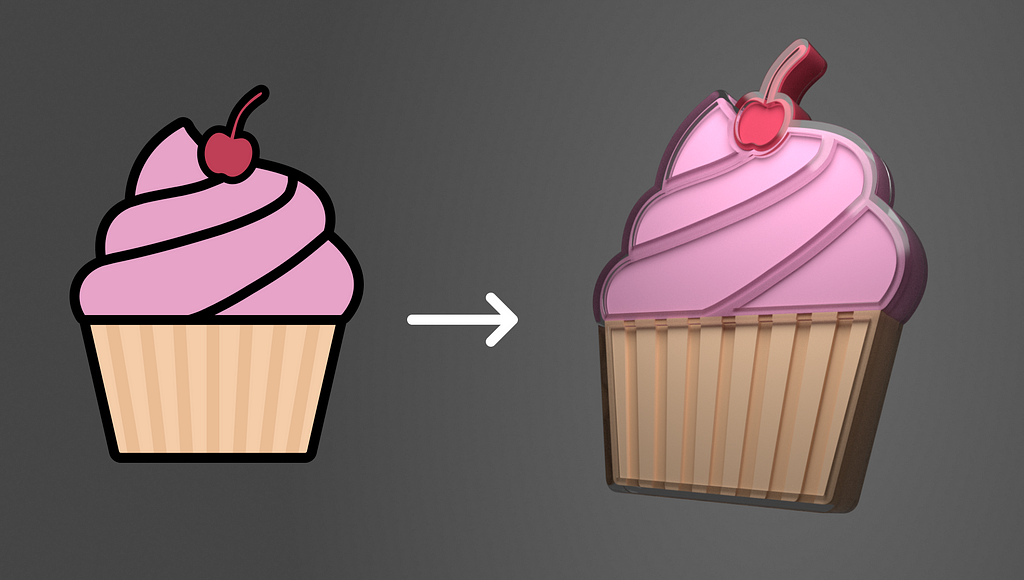A flat, 2D cupcake icon with a black border and a shiny 3D cupcake with a glass border.