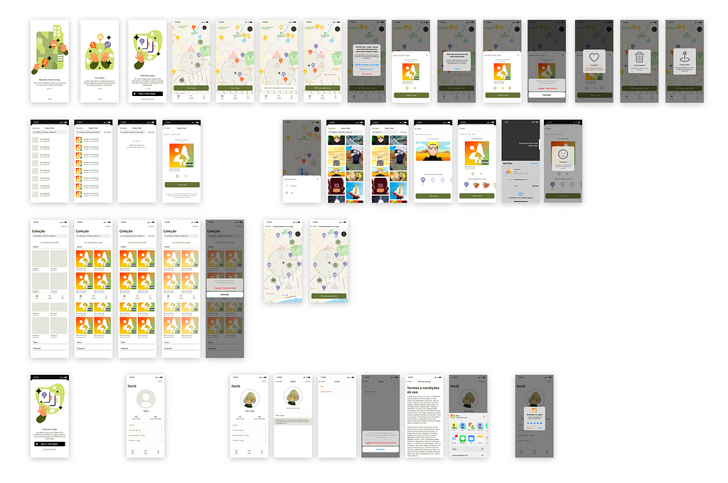A collection of all the app's prototyped screens in Figma, with about 42 screens.