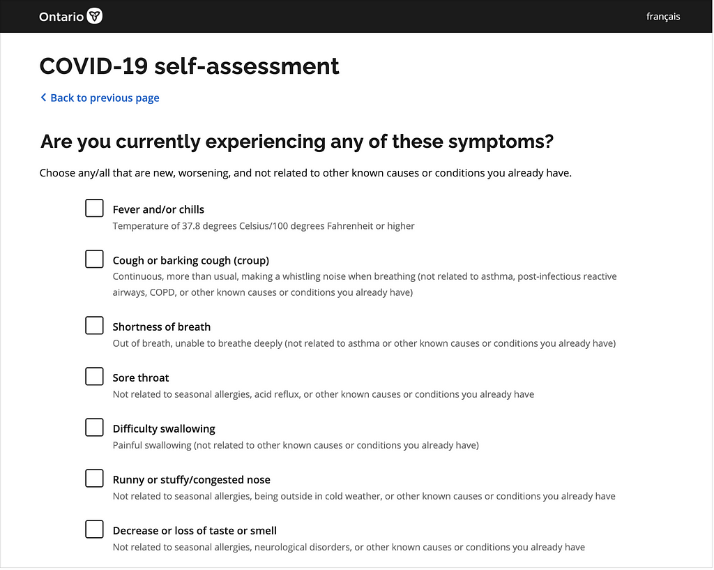 A screenshot of the Ontario government’s COVID-19 self-assessment tool.