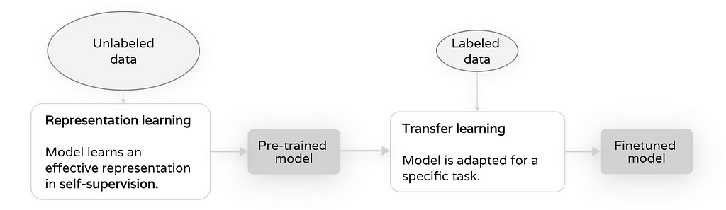 The unlabeled data is used for represetantion learning, where the model learns an effective representation in self-supervision. The result is a pre-trained model. This pre-trained model is used in transfer learning, where it is adapted for a specific task using the labeled data.