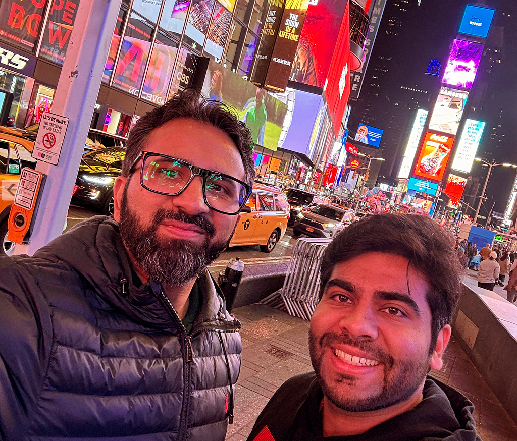 Umer Farooq, CTO MRS Technologies and Waqas Khalil, CBO MTronic are posing for a selfie at Time Squares, NYC. | From Blog written on SadaPay — Financial freedom, the Sada way by Umer Farooq, CTO MRS Technologies