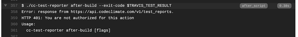 Screenshot showing error from Code Climate API — ‘You are not authorized for this action’