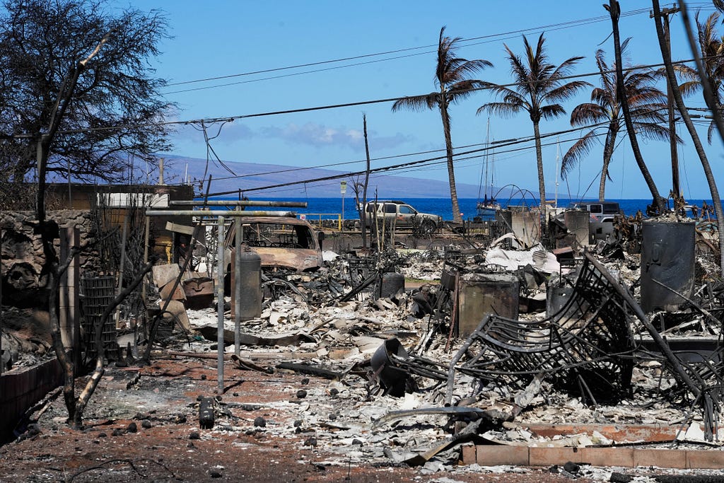 Burned cars and homes after the August 8 wildfires in Lahaina, Hawaii, August 18, 2023. Photo by Sandy Hooper/USA Today via Reuters