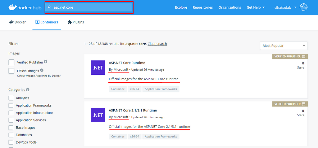 Docker Hub üzerinde Net Core Runtime Images