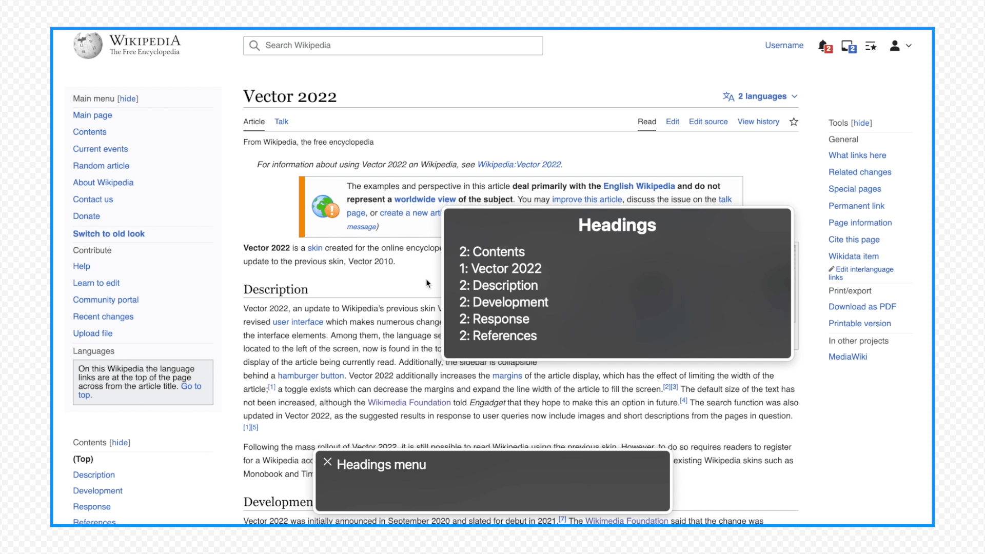 A screen recording of the VoiceOver screenreader being used to navigate the “Vector 2022” Wikipedia page, including navigation by heading and landmarks