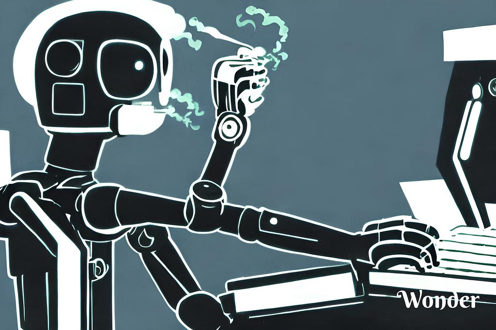 A drawing of a robot smoking while typing on a computer.