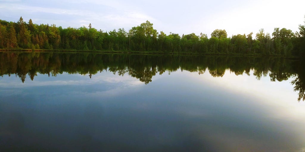 Curleys Lake, Ontario surrounded by trees and reflection of the trees on the water