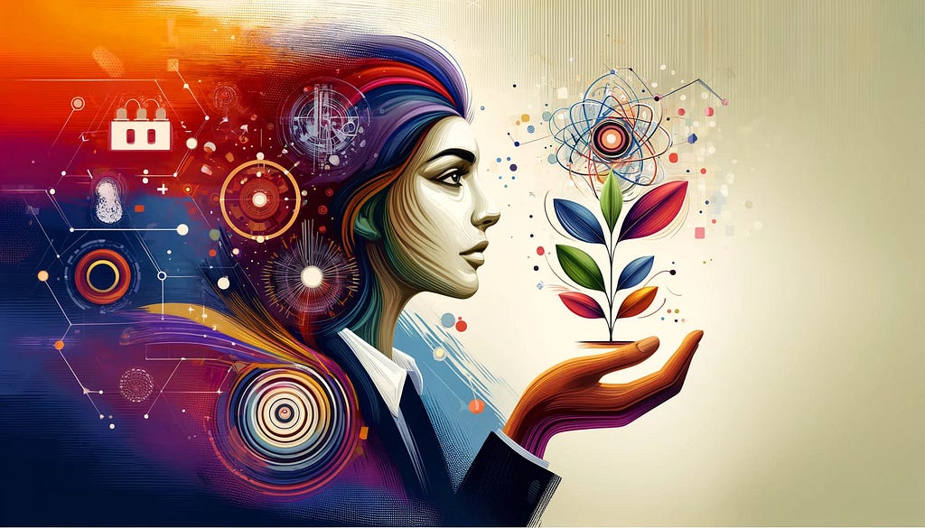 Abstract, colorful image of a businesswoman symbolizing growth and knowledge. AI-generated.