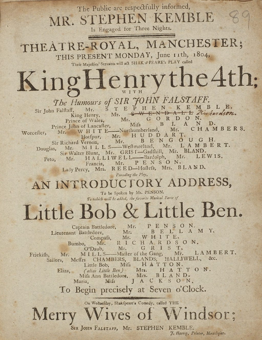 1804 Manchester Theatre Royal playbill for ‘Henry IV’ and ‘Little Bob and Little Ben’. Stephen Kemble stars as Falstaff.
