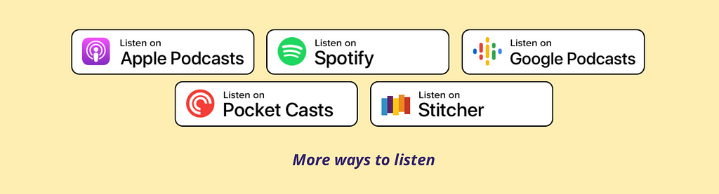 Screenshot of web buttons for subscribing to the podcast. Text reads, “Listen on Spotify,” etc.