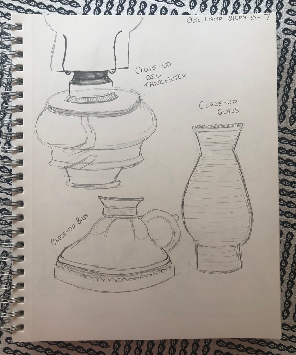 More graphite pencil studies of the oil lamp. These are extreme close-ups of parts.