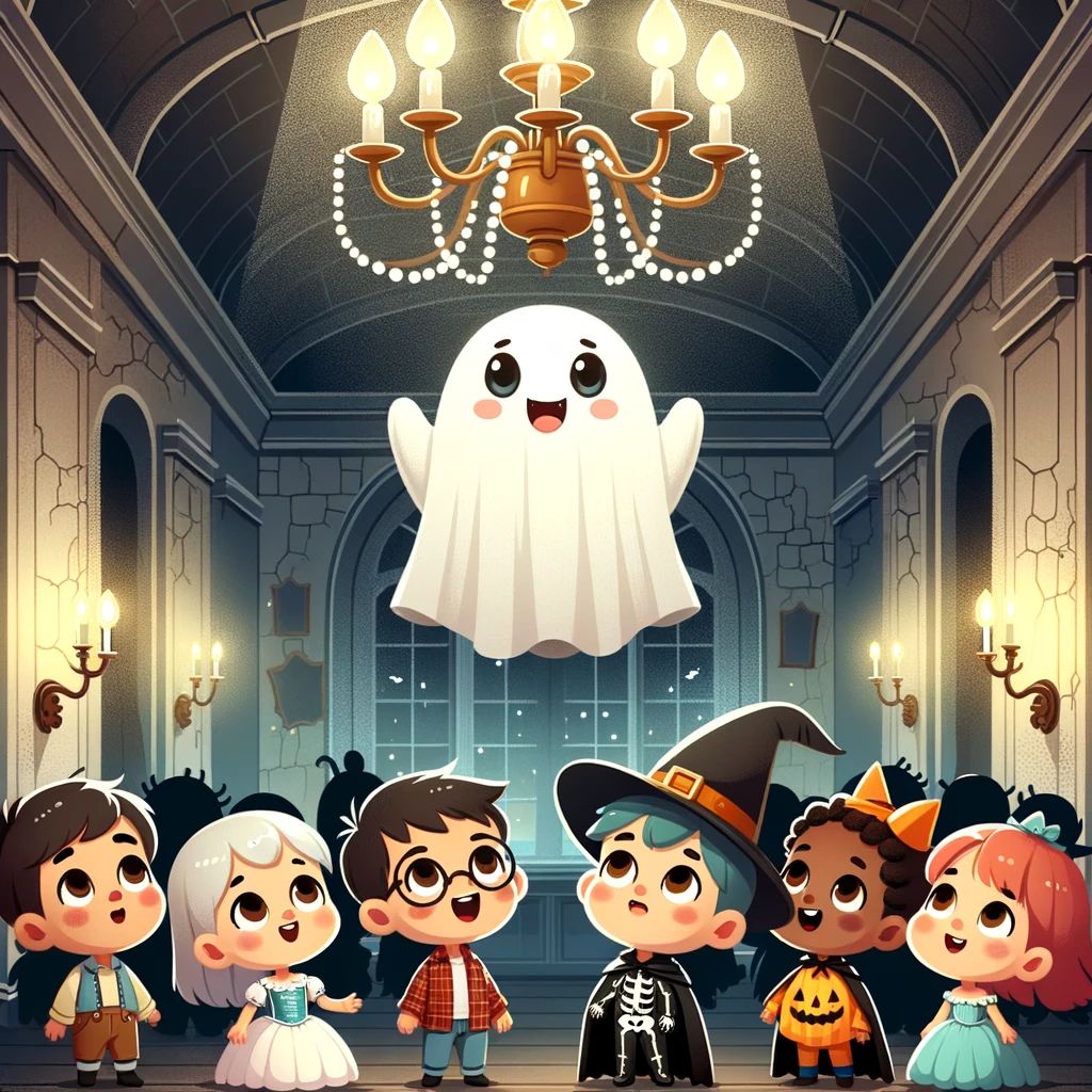 Illustration of a cute ghost cartoon character inside a haunted mansion. The ghost floats near an old chandelier, casting a gentle glow. Below, diverse children in Halloween costumes look up in wonder, with expressions of delight rather than fear.