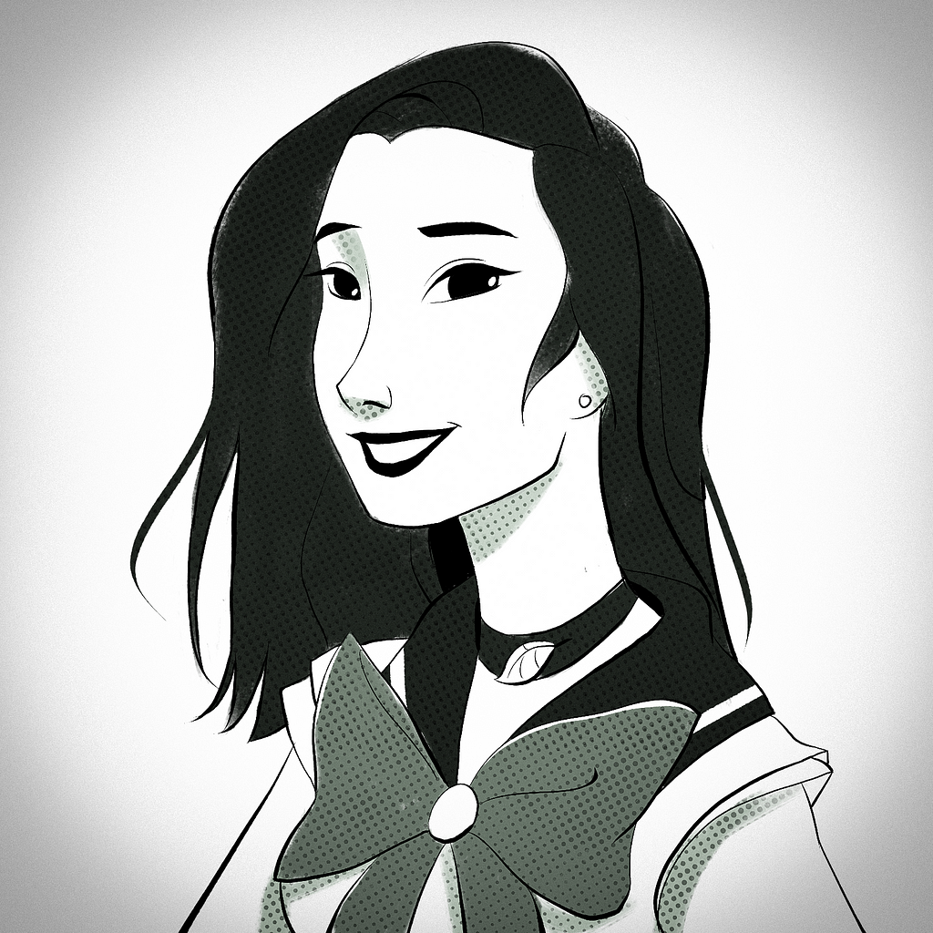 An illustration of Yuzhi Zheng in a sailor uniform reminiscent of Sailor Moon.