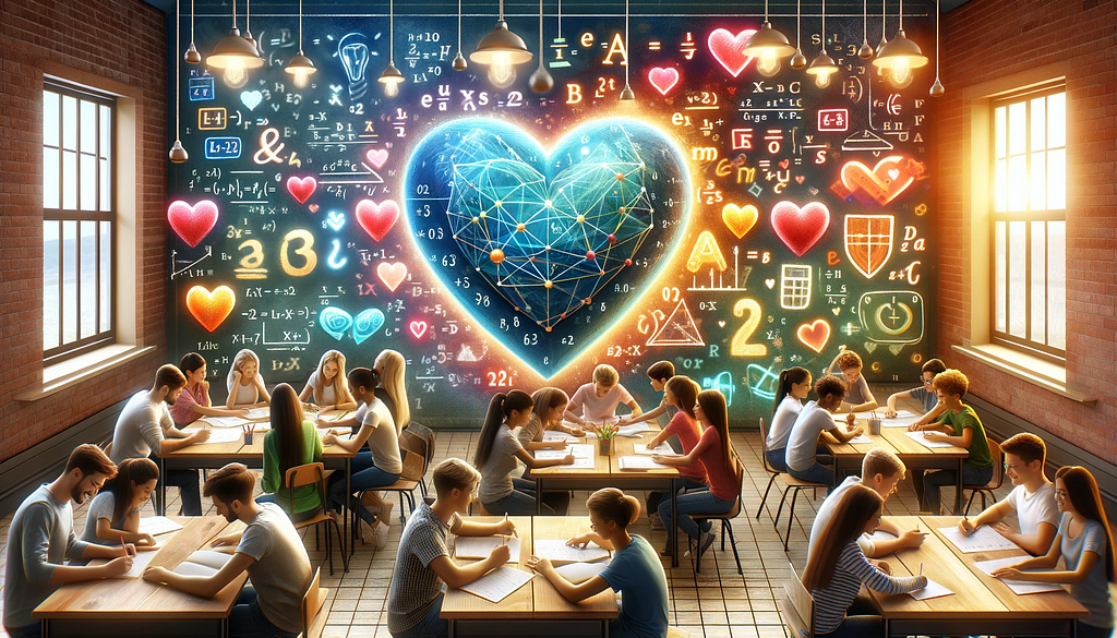 This image depicts a classroom with several students seated at tables, working on papers. The atmosphere is lively and bright, with sunlight streaming in through two large windows. The walls are adorned with a colorful and vivid chalkboard illustration that merges elements of mathematics and love, symbolized by a large, glowing heart intertwined with geometric connections and surrounded by mathematical symbols and equations. The classroom has a cozy, brick wall interior, with hanging lights