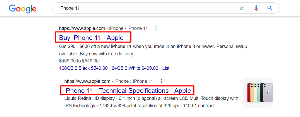 Screenshot of Meta Titles for iPhone 11 Displayed on Google highlighted in red box