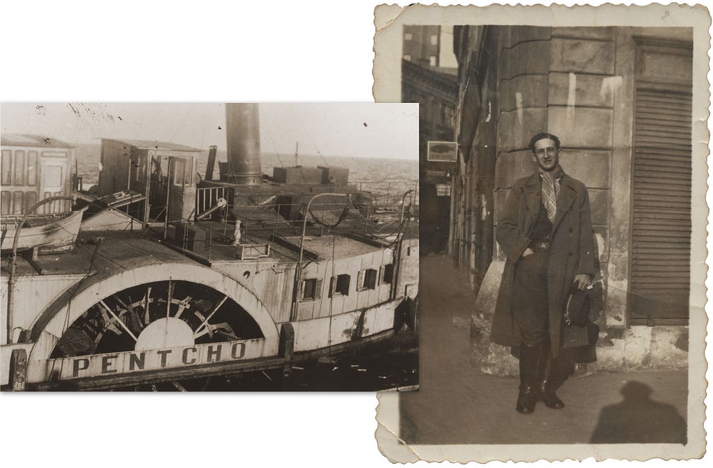 Black-and-white photographs of the paddlewheel portion of a steamboat showing the name “Pentcho” on the side and of a young man wearing an overcoat, tall black boots, and a plaid scarf. The man has one hand in his pocket and a case in the other hand.