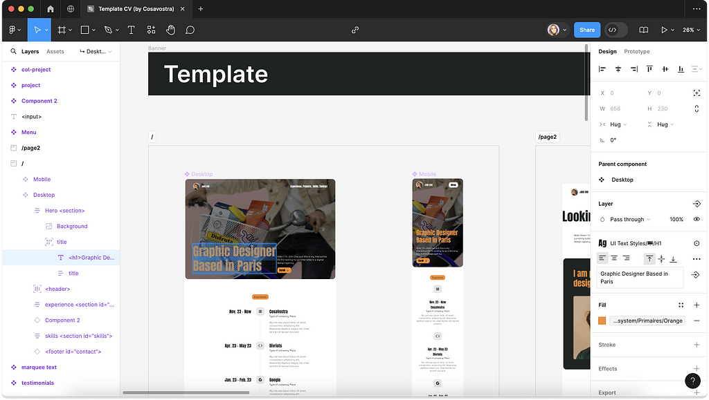 Screenshot of how to edit a resume template in Figma.