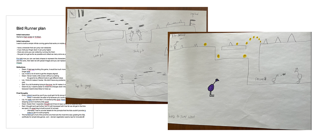 Kids drawings and a document with a project plan