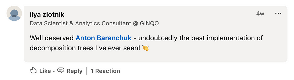 A screenshot of a comment left by Ilya Zlotnik, GINQO, on LinkedIn, saying “Well deserved Anton Baranchuk — undoubtedly the best implementation of decomposition trees I’ve ever seen!”