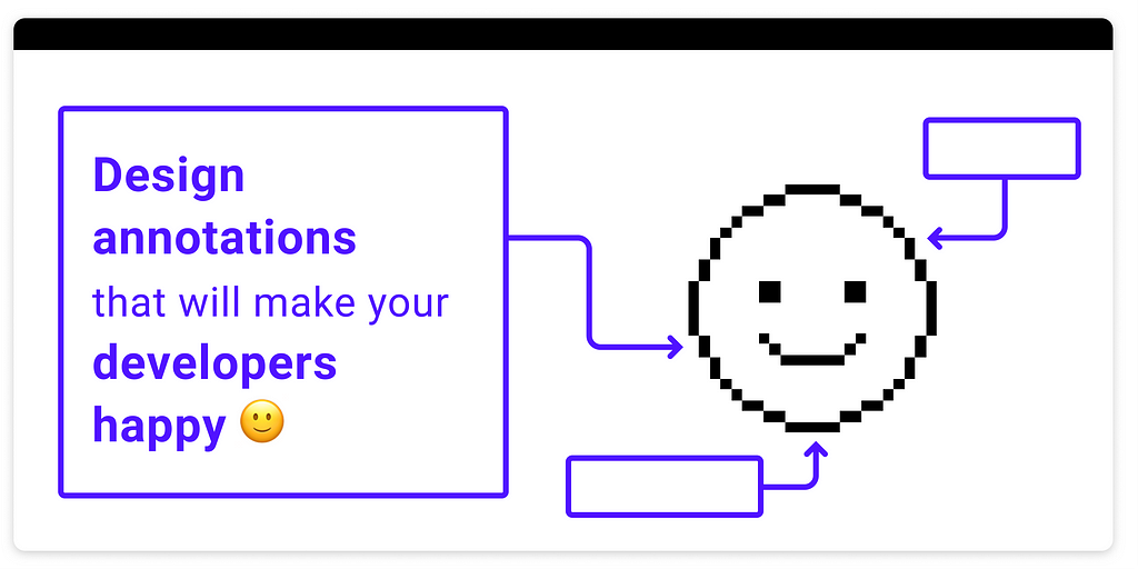 Title “Design annotations that will make your developers happy” and a pixelated smiley face with annotations around it