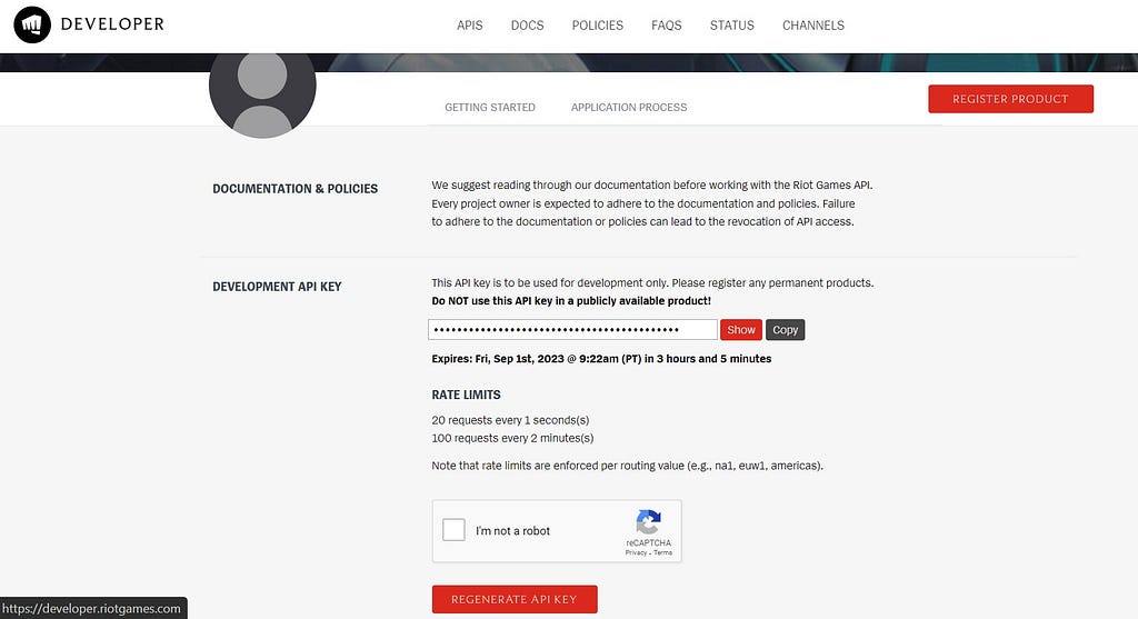 Riot Developer Portal, generate development API screen