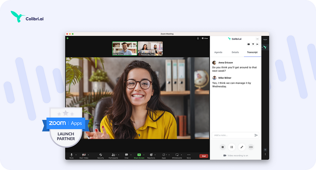 Colibri for Sales is a Zoom Apps launch partner. It works in the Zoom desktop client, so sales reps can access their call templates, view live transcription, highlight key moments, and receive live battle cards right in Zoom.