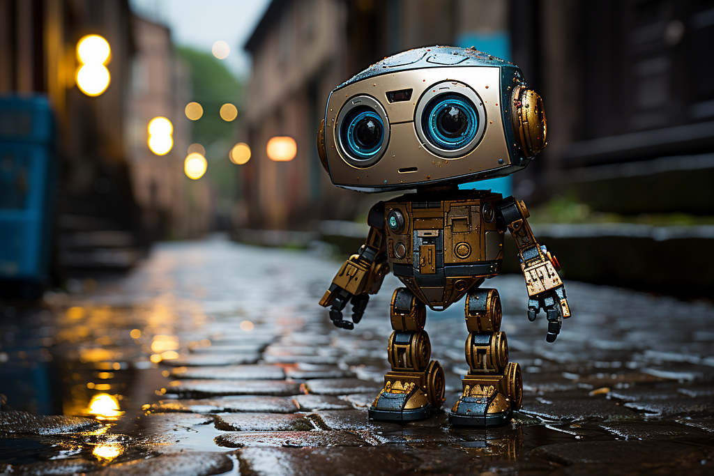 A petite robot with big, expressive eyes, standing alone on a cobblestone street, using a Canon EOS R5. Tiny droplets create ripples around its metallic feet.