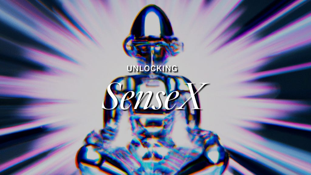 AI-generated image of a metallic humanoid figure sitting with crossed legs and the words “Unlocking Sense X”