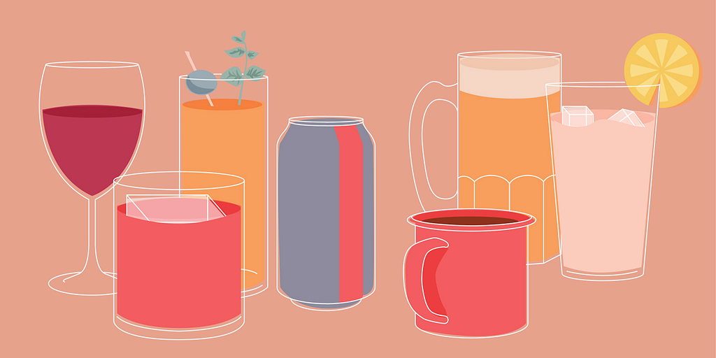 An illustration of various beverages; a wine glass, a soda can, a mug of coffee, etc.