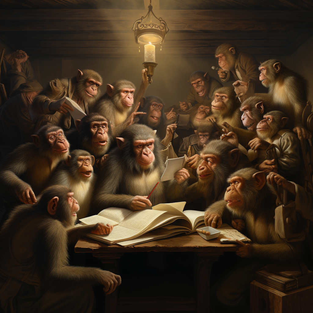 An imaginary depiction of a large group of monkeys trying to write Shakespeare’s Hamlet through trial and error