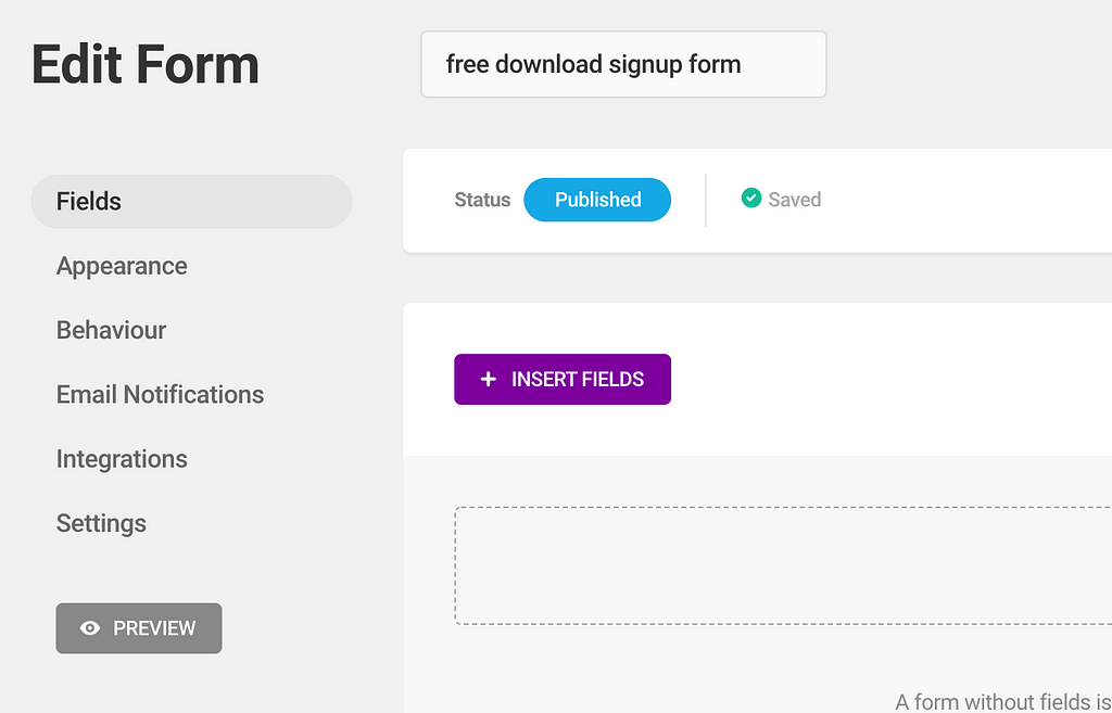 The edit form, insert fields page screenshot