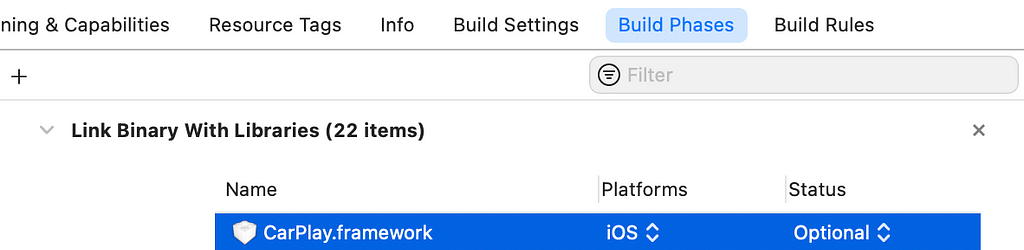 Xcode screenshot of the build phase where CarPlay is linking is set to optional