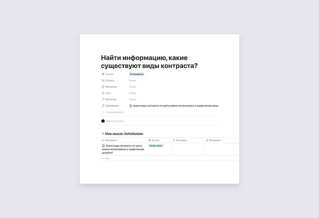 Пример входящей задачи с подборкой связанных заметок по системе Zettelkasten в Notion
