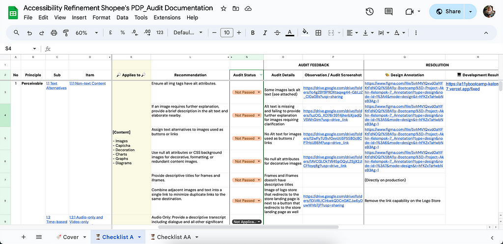 The preview of our audit documentation in Google Sheet