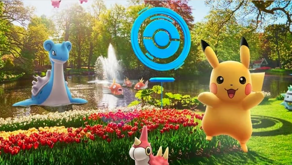 A photo of Pokémon at a beautiful garden with water and flowers. Credit NIANTIC / THE POKÉMON COMPANY